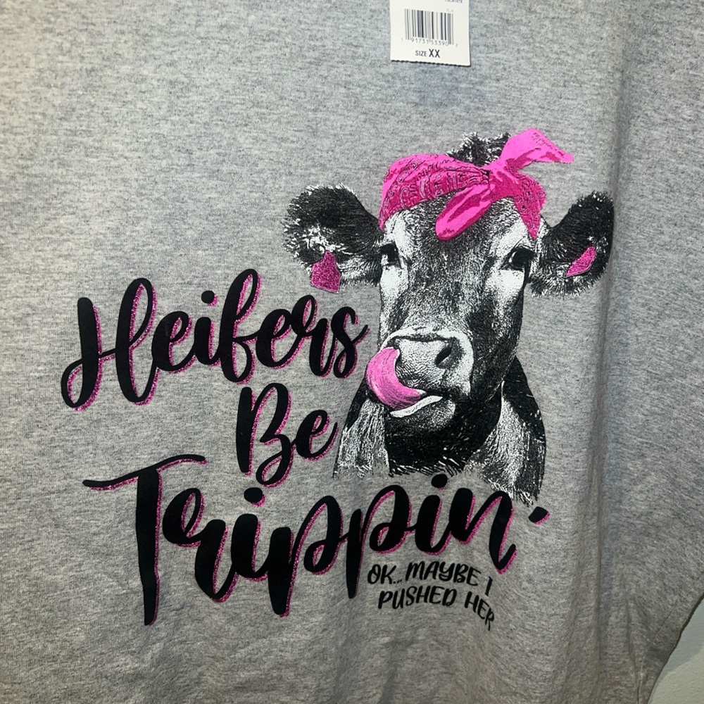 Heifers Be Trippin Ok Maybe I Pushed Her Graphic Gray T Shirt Women 2X NWT